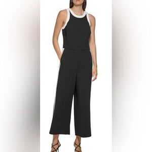 Karl Lagerfeld Black Wide Leg Pants with White Stripes